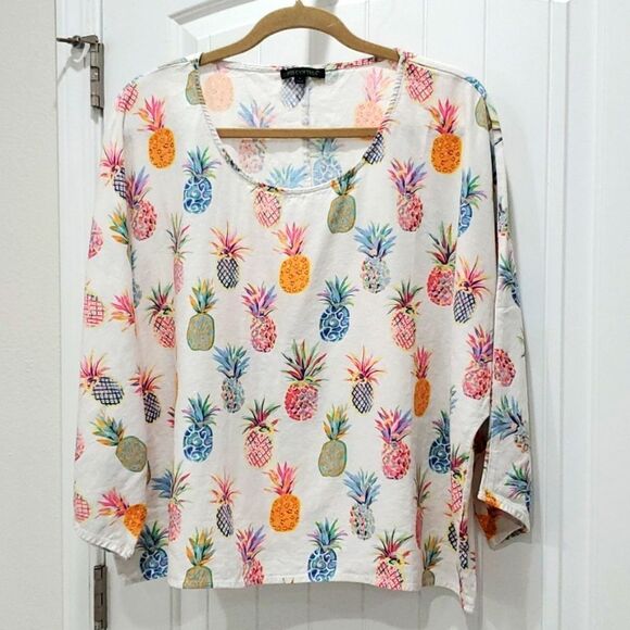 FOR CYNTHIA Linen Pineapple Print Asymmetrical Hem Short Sleeve, Size Large - Picture 1 of 5